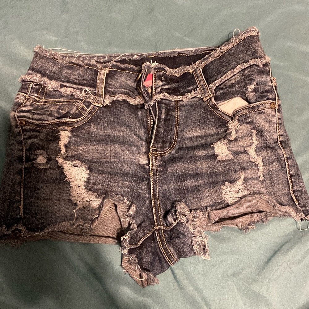 Dark blue denim mid rise jean shorts